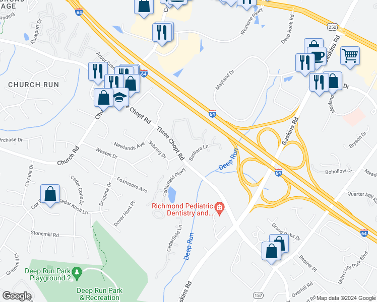 map of restaurants, bars, coffee shops, grocery stores, and more near 10601 Barbara Lane in Richmond