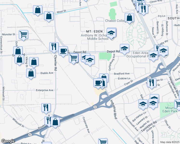 map of restaurants, bars, coffee shops, grocery stores, and more near 25710 Industrial Boulevard in Hayward