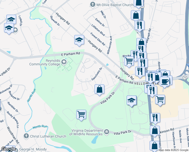 map of restaurants, bars, coffee shops, grocery stores, and more near 1500 Sharpsburg Court in Richmond