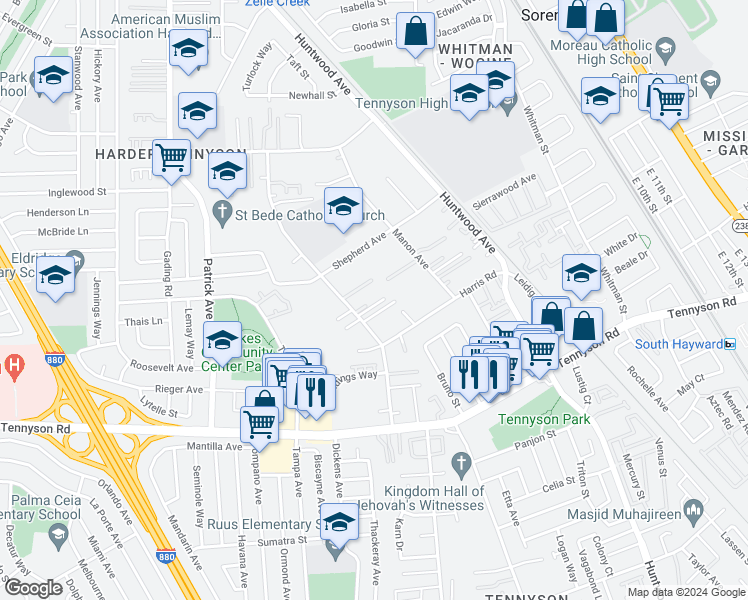 map of restaurants, bars, coffee shops, grocery stores, and more near 27340 Tyrrell Avenue in Hayward