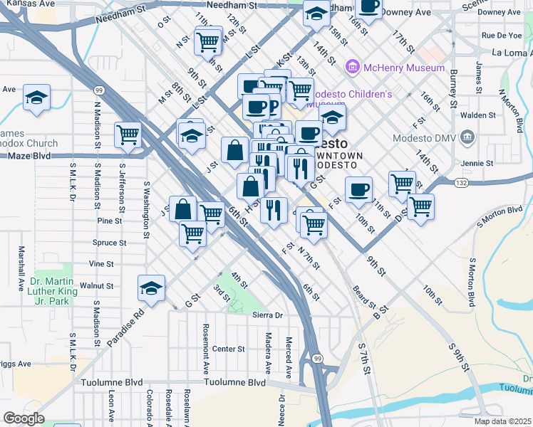map of restaurants, bars, coffee shops, grocery stores, and more near 715 7th Street in Modesto