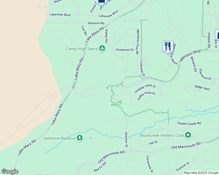 map of restaurants, bars, coffee shops, grocery stores, and more near 3411 Meridian Boulevard in Mammoth Lakes