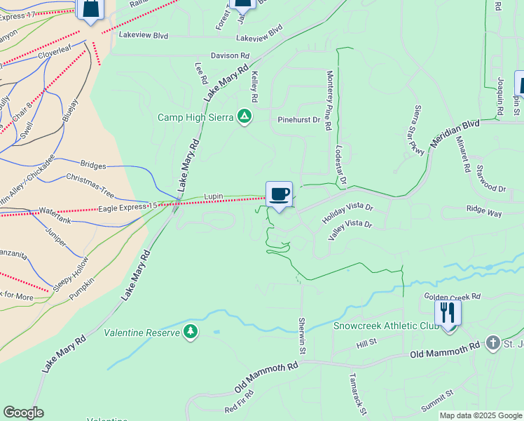 map of restaurants, bars, coffee shops, grocery stores, and more near 3411 Meridian Boulevard in Mammoth Lakes