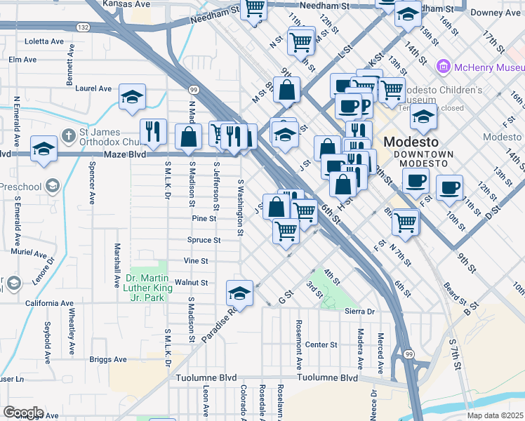 map of restaurants, bars, coffee shops, grocery stores, and more near 1015 4th Street in Modesto