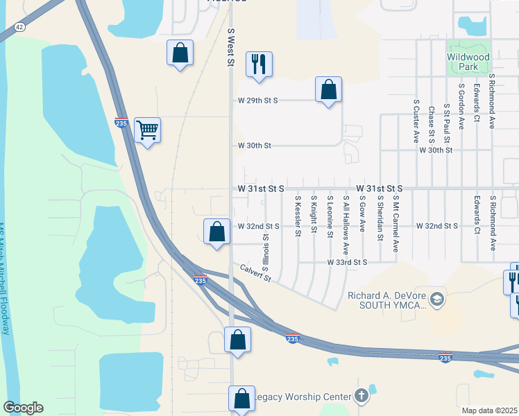 map of restaurants, bars, coffee shops, grocery stores, and more near 3209 South Illinois Street in Wichita