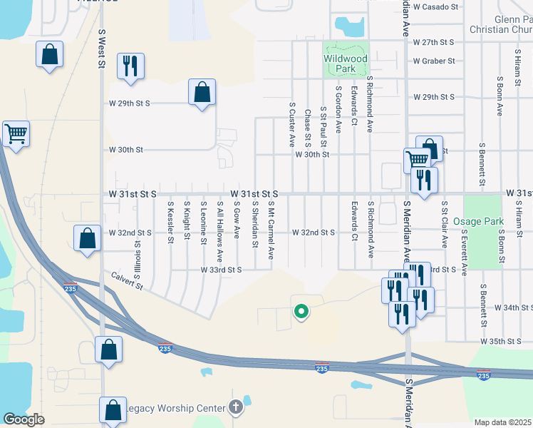 map of restaurants, bars, coffee shops, grocery stores, and more near 3229 South Mount Carmel Avenue in Wichita
