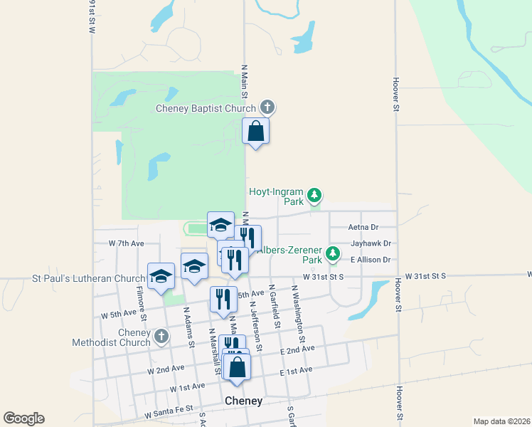map of restaurants, bars, coffee shops, grocery stores, and more near 915 North Garfield Street in Cheney