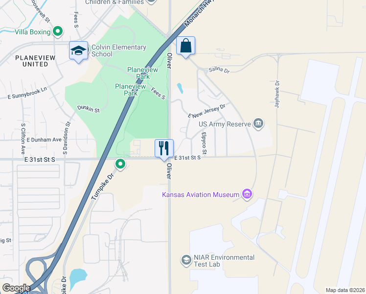 map of restaurants, bars, coffee shops, grocery stores, and more near 3125 South Brandywine Road in Wichita
