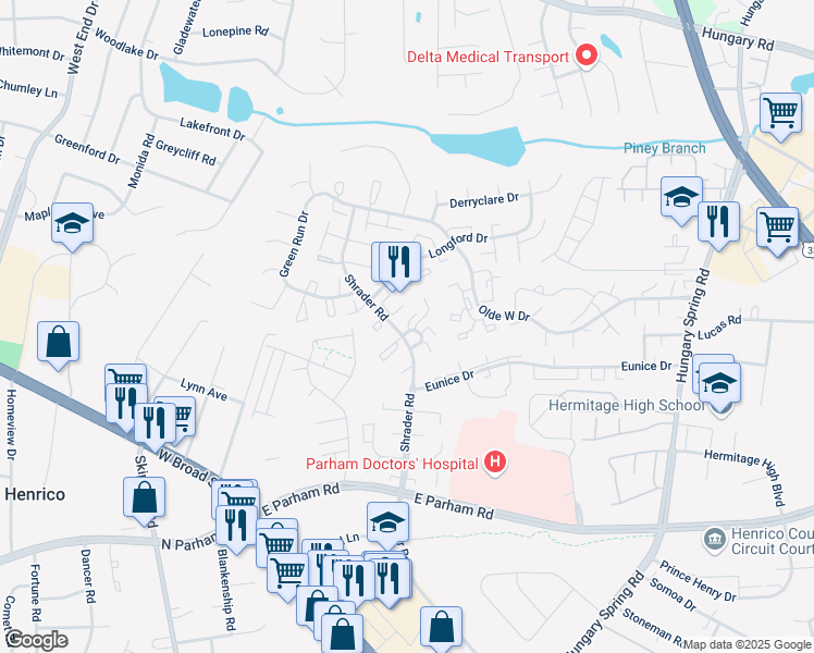 map of restaurants, bars, coffee shops, grocery stores, and more near 8422 O'Bannon Court in Richmond