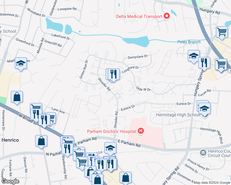 map of restaurants, bars, coffee shops, grocery stores, and more near 8420 O'Bannon Court in Henrico