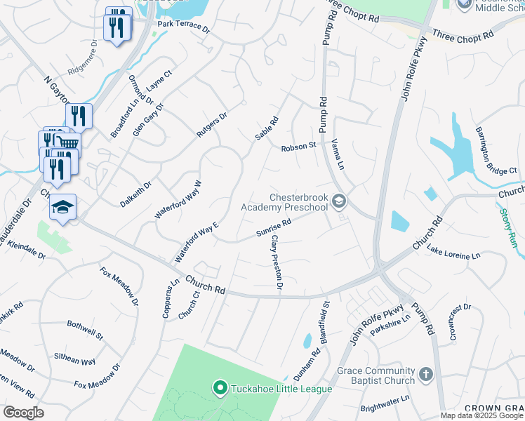 map of restaurants, bars, coffee shops, grocery stores, and more near 12005 Ashburton Court in Richmond