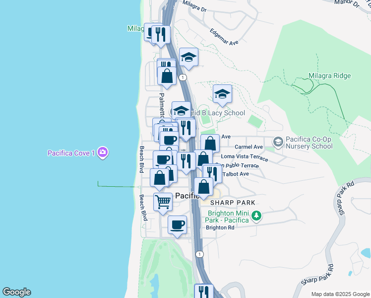map of restaurants, bars, coffee shops, grocery stores, and more near 1600 Francisco Boulevard in Pacifica