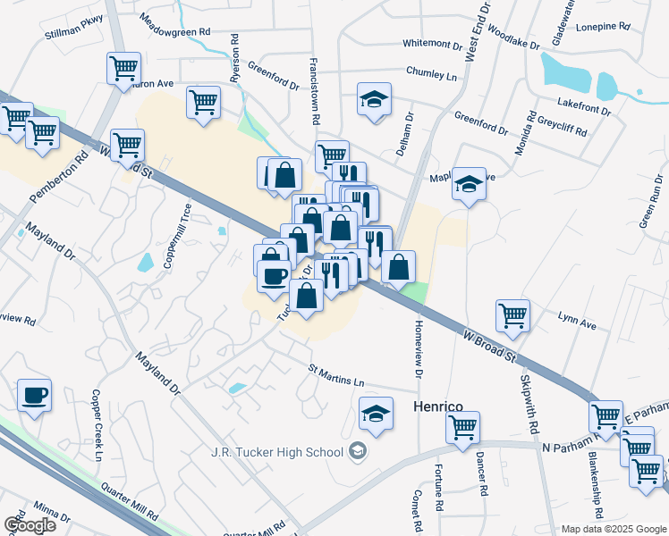map of restaurants, bars, coffee shops, grocery stores, and more near 9035 West Broad Street in Henrico