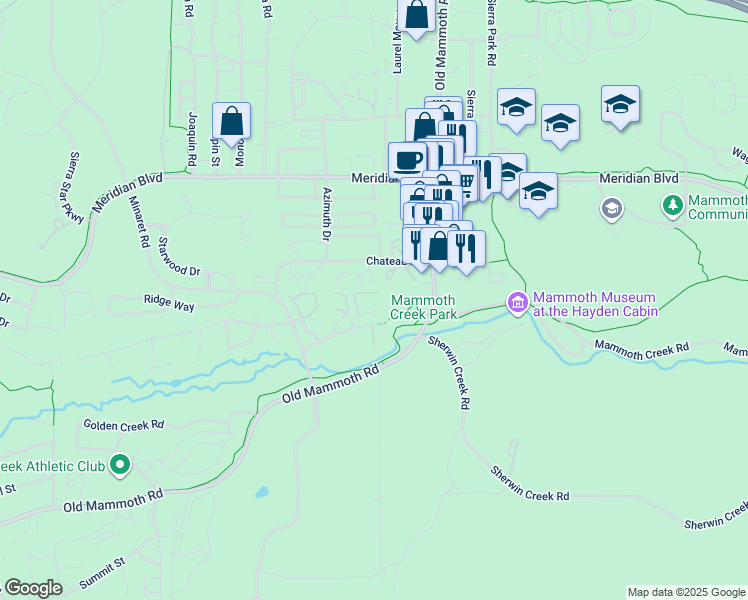 map of restaurants, bars, coffee shops, grocery stores, and more near 3251 Chateau Road in Mammoth Lakes