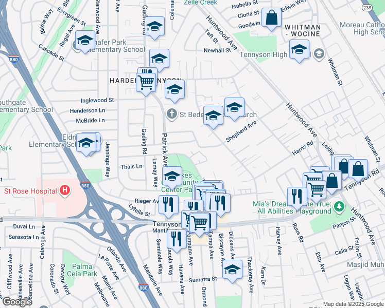 map of restaurants, bars, coffee shops, grocery stores, and more near 834 Westwood Street in Hayward