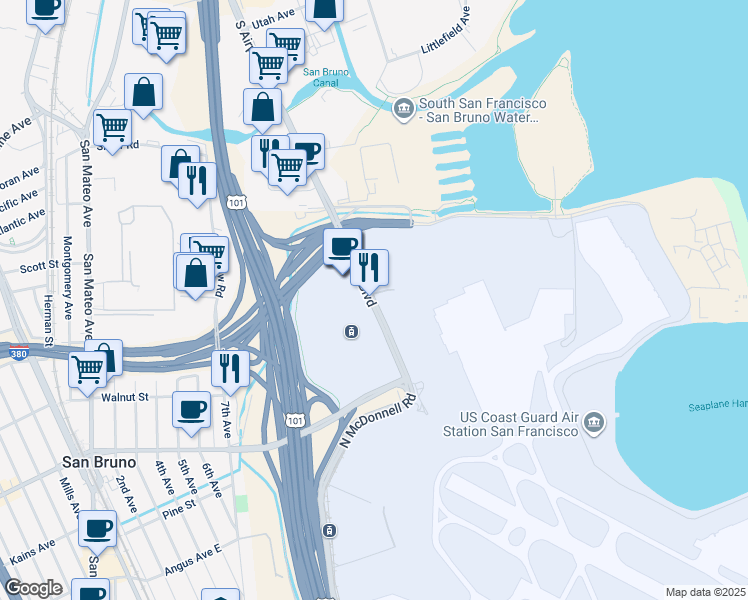 map of restaurants, bars, coffee shops, grocery stores, and more near in South San Francisco