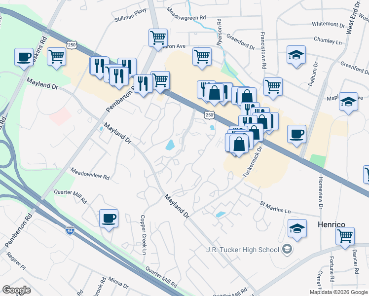 map of restaurants, bars, coffee shops, grocery stores, and more near 3513 Corum Drive in Henrico