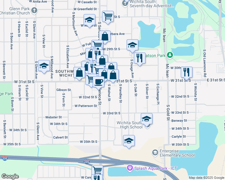 map of restaurants, bars, coffee shops, grocery stores, and more near 3219 S Walnut St in Wichita