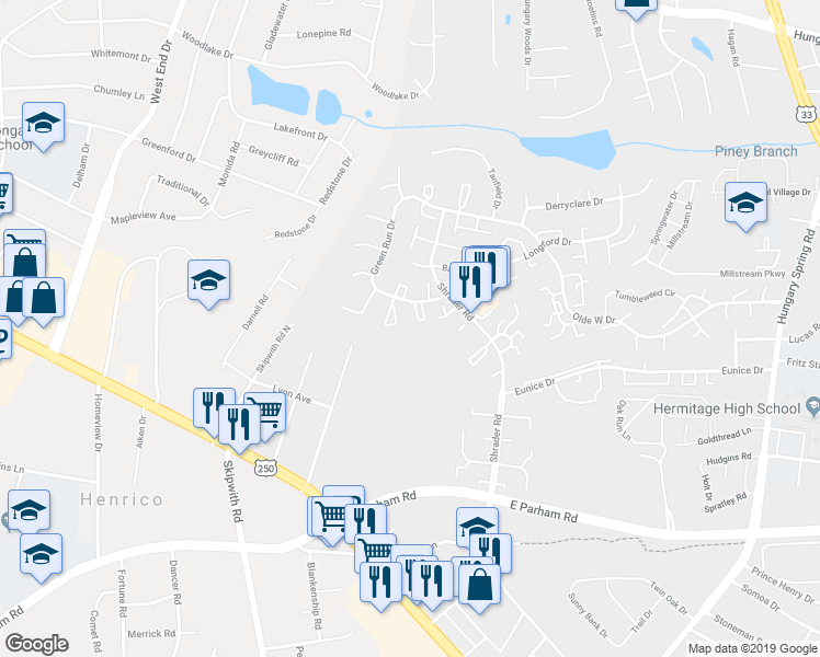 map of restaurants, bars, coffee shops, grocery stores, and more near 4942 Farrell Court in Henrico
