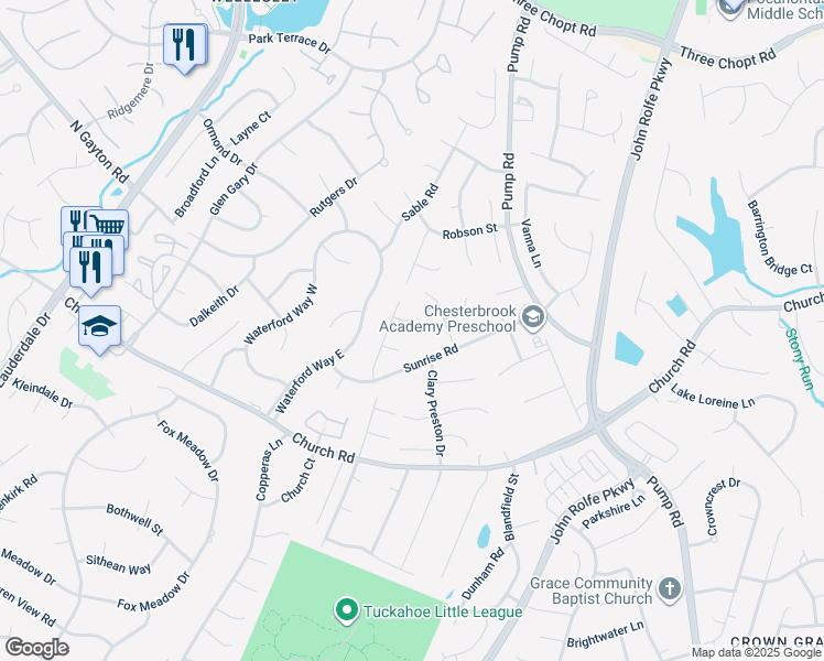 map of restaurants, bars, coffee shops, grocery stores, and more near 12005 Ashburton Court in Richmond