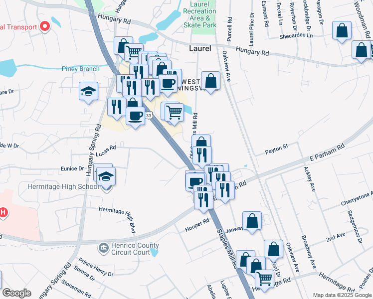 map of restaurants, bars, coffee shops, grocery stores, and more near 9000 Old Staples Mill Road in Henrico