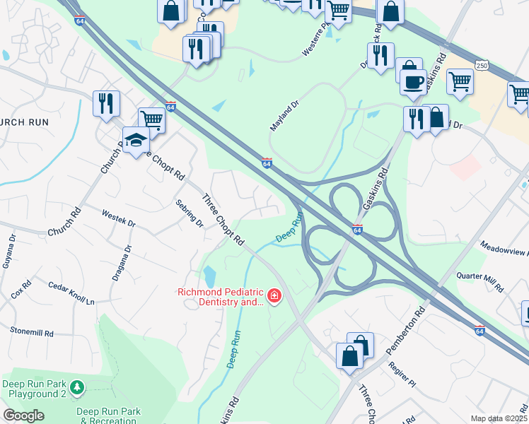 map of restaurants, bars, coffee shops, grocery stores, and more near 2905 Barbara Court in Henrico