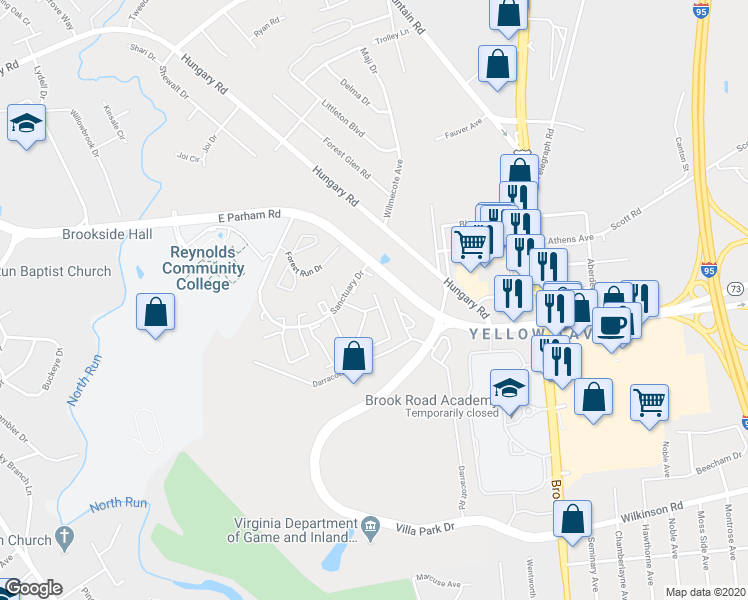 map of restaurants, bars, coffee shops, grocery stores, and more near 1501 Americana Drive in Henrico
