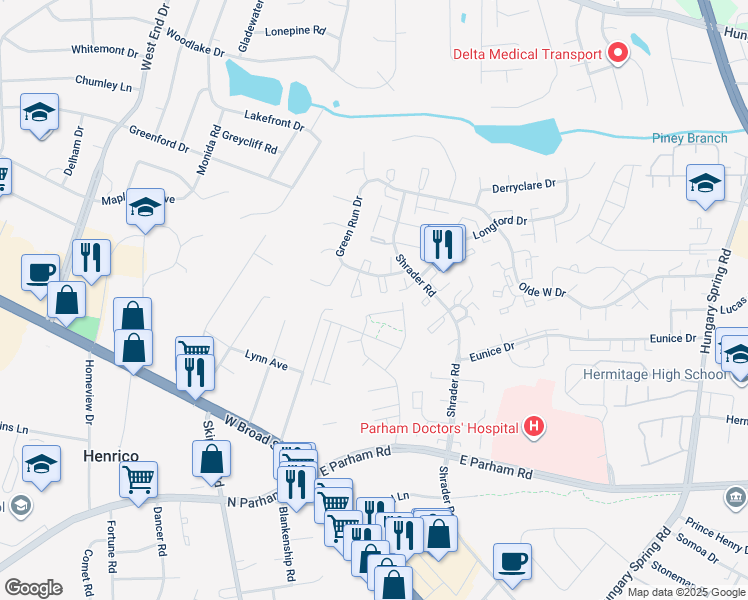 map of restaurants, bars, coffee shops, grocery stores, and more near 4942 Farrell Court in Henrico