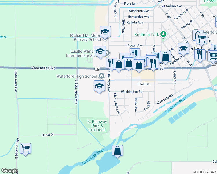 map of restaurants, bars, coffee shops, grocery stores, and more near 121 South Reinway Avenue in Waterford