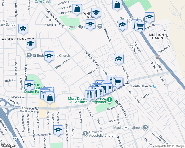 map of restaurants, bars, coffee shops, grocery stores, and more near 382 Harris Road in Hayward