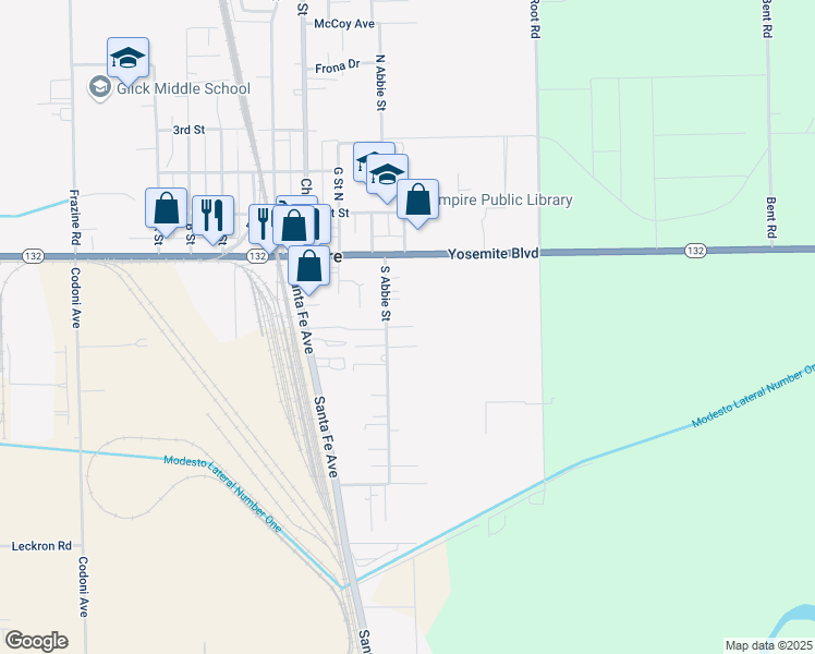 map of restaurants, bars, coffee shops, grocery stores, and more near 124 South Abbie Street in Empire
