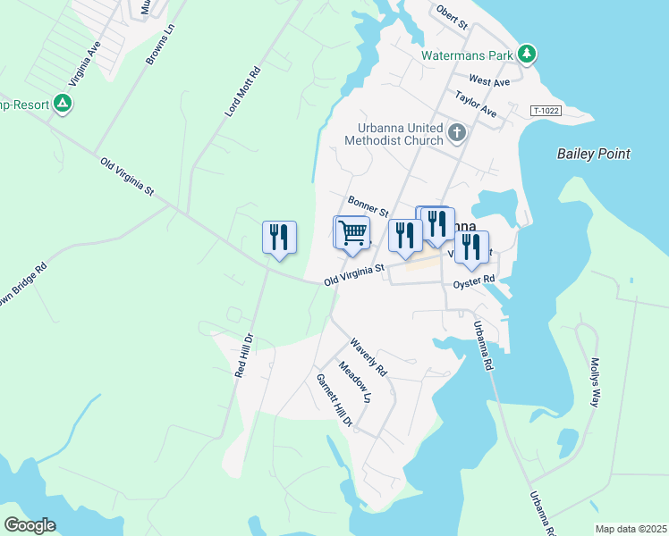 map of restaurants, bars, coffee shops, grocery stores, and more near 104 Grace Avenue in Urbanna