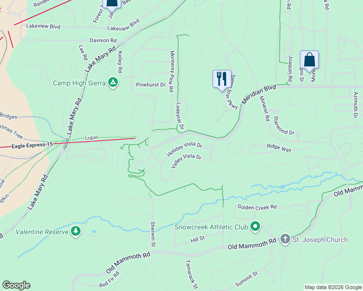 map of restaurants, bars, coffee shops, grocery stores, and more near 3253 Meridian Boulevard in Mammoth Lakes