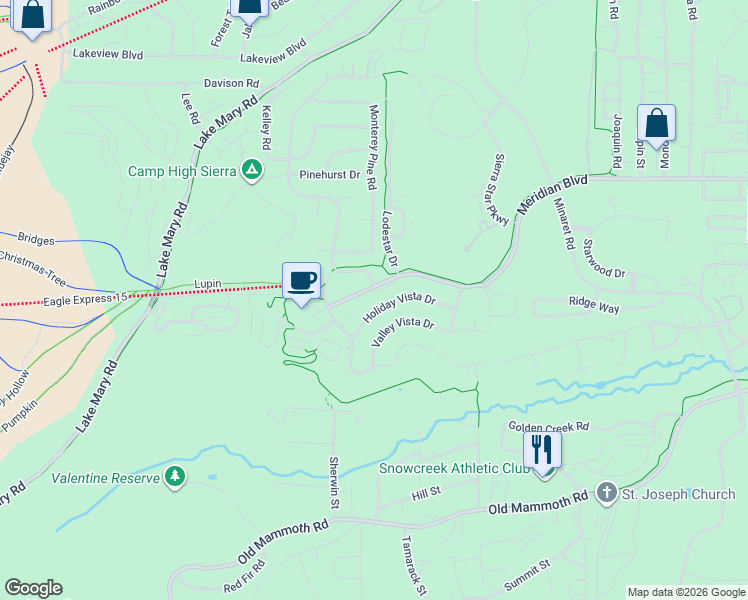 map of restaurants, bars, coffee shops, grocery stores, and more near 3253 Meridian Boulevard in Mammoth Lakes