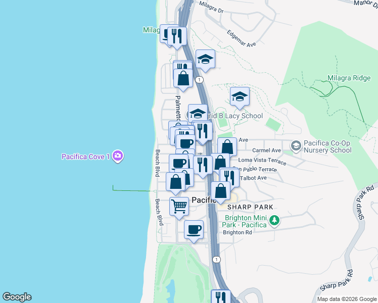 map of restaurants, bars, coffee shops, grocery stores, and more near 131 Carmel Avenue in Pacifica