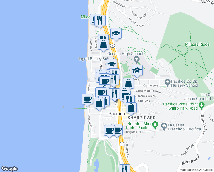 map of restaurants, bars, coffee shops, grocery stores, and more near 131 Carmel Avenue in Pacifica
