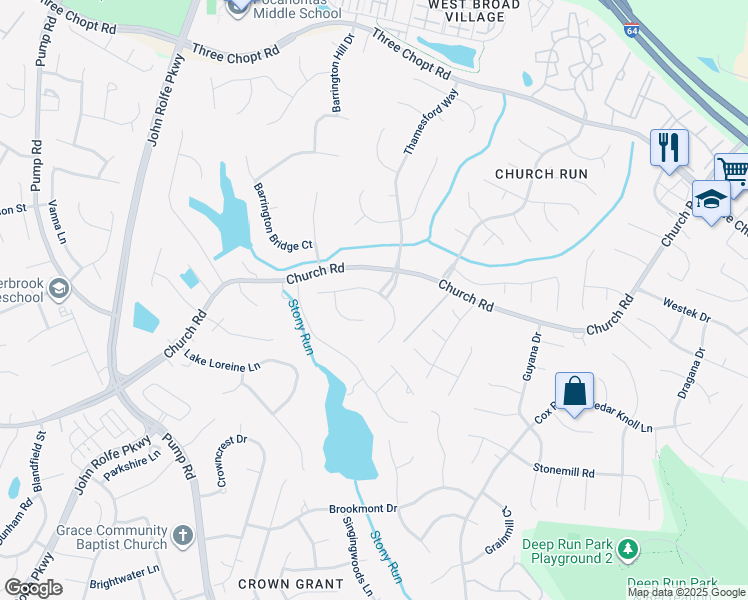 map of restaurants, bars, coffee shops, grocery stores, and more near 11501 Bell Tower Court in Richmond