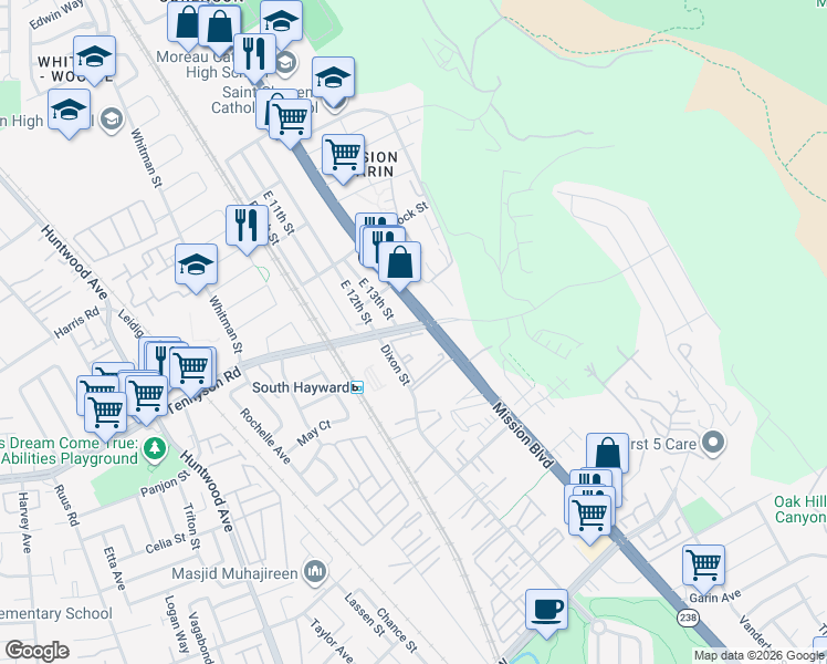 map of restaurants, bars, coffee shops, grocery stores, and more near in Hayward