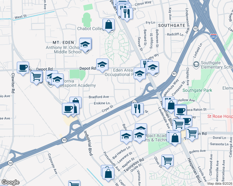 map of restaurants, bars, coffee shops, grocery stores, and more near 26121 Dodge Avenue in Hayward