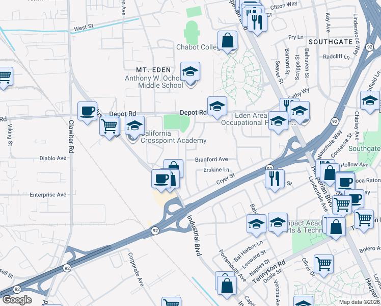 map of restaurants, bars, coffee shops, grocery stores, and more near 25898 Madeline Lane in Hayward