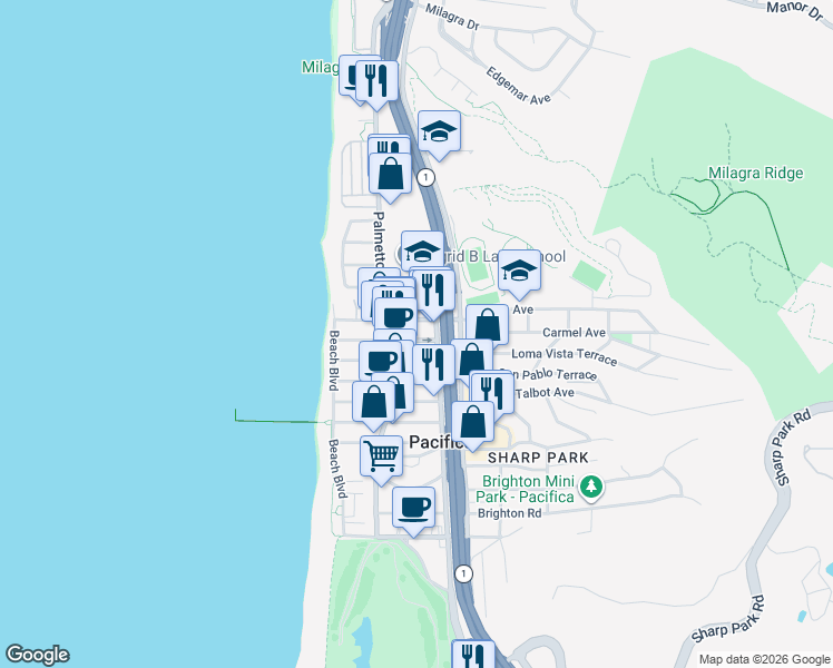 map of restaurants, bars, coffee shops, grocery stores, and more near 129 Paloma Avenue in Pacifica