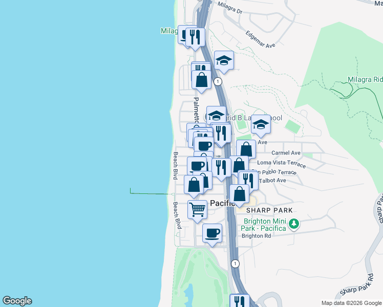 map of restaurants, bars, coffee shops, grocery stores, and more near 72 Paloma Avenue in Pacifica