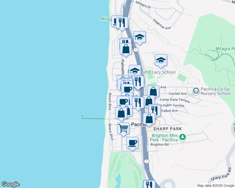 map of restaurants, bars, coffee shops, grocery stores, and more near 72 Paloma Avenue in Pacifica
