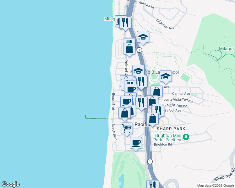 map of restaurants, bars, coffee shops, grocery stores, and more near 72 Paloma Avenue in Pacifica
