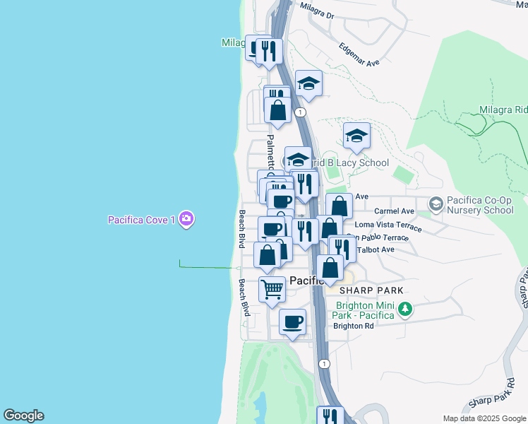 map of restaurants, bars, coffee shops, grocery stores, and more near 73 Carmel Avenue in Pacifica