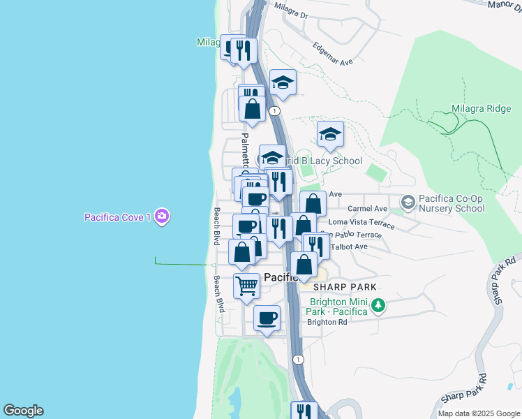 map of restaurants, bars, coffee shops, grocery stores, and more near 131 Carmel Avenue in Pacifica