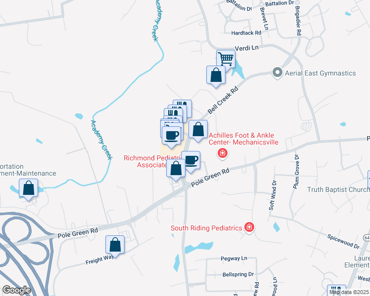 map of restaurants, bars, coffee shops, grocery stores, and more near 8318 Bell Creek Road in Mechanicsville