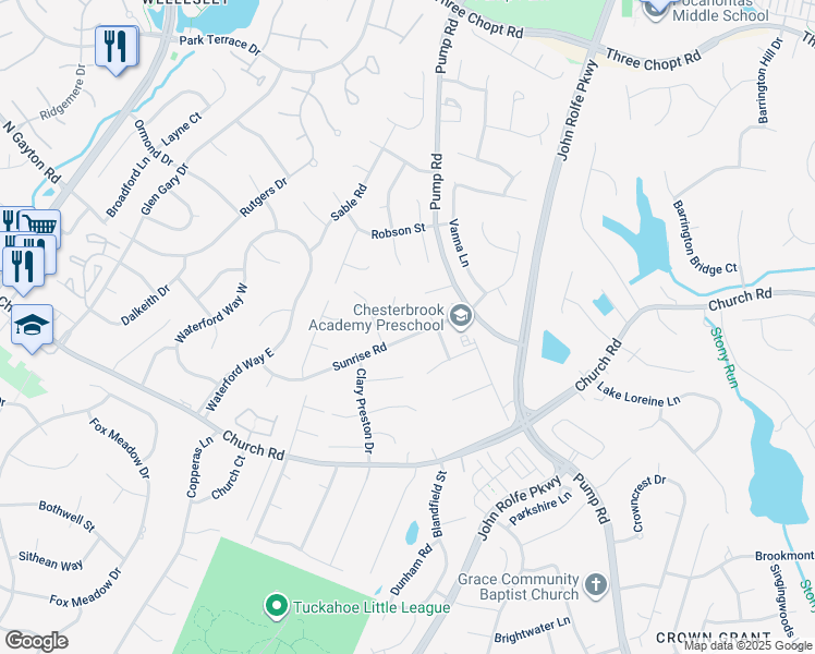 map of restaurants, bars, coffee shops, grocery stores, and more near 11912 Sunrise Road in Richmond