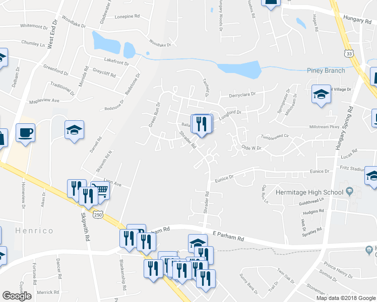 map of restaurants, bars, coffee shops, grocery stores, and more near 8412 Klarey Court in Richmond