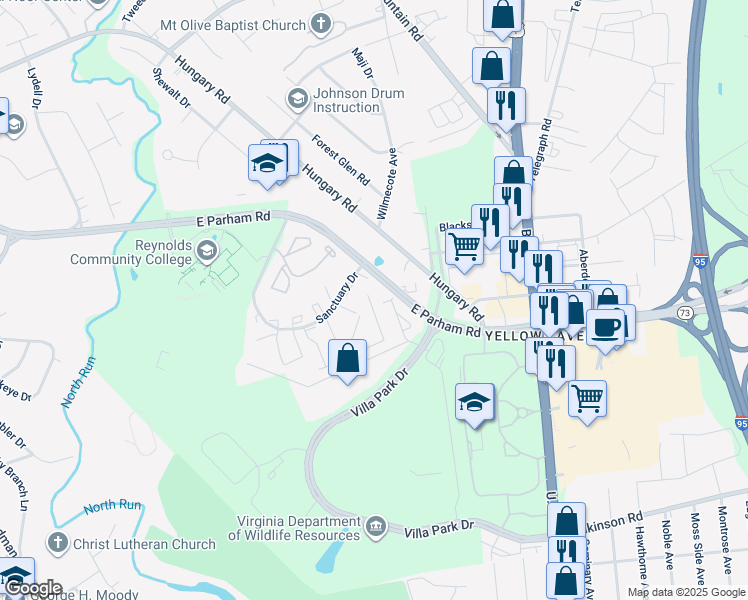map of restaurants, bars, coffee shops, grocery stores, and more near 1581 Presidential Drive in Richmond